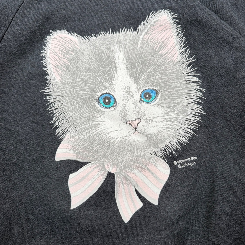 Vintage Jerzees Morning Sun Cat Graphic Sweatshirt Gray Raglan Medium Grannycore - Picture 2 of 7